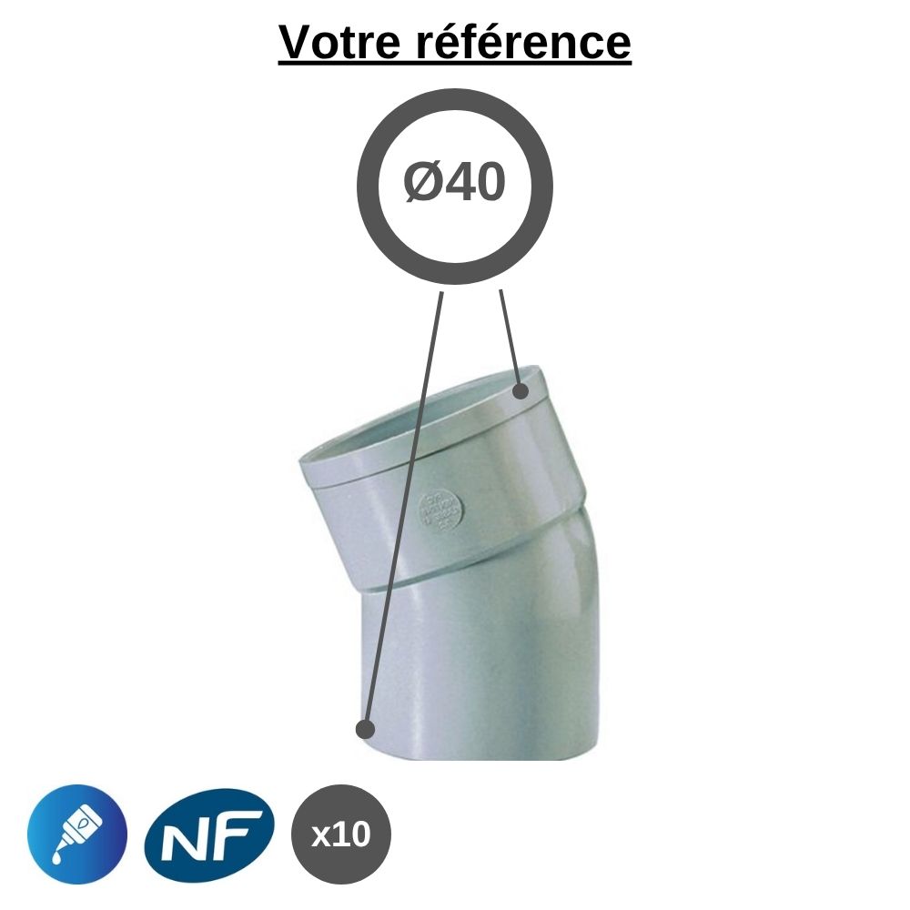 Lot de 10 coudes PVC 22°30 à coller, Ø40 - mâle-femelle, pour évacuation - Girpi