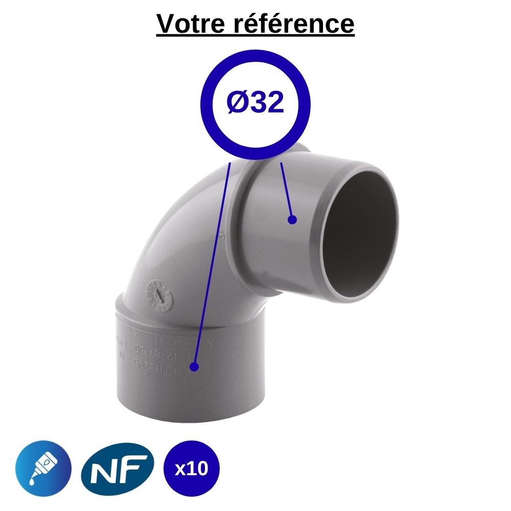 Lot de 10 coudes PVC 87°30 à coller, Ø32 - mâle-femelle, pour évacuation - Girpi