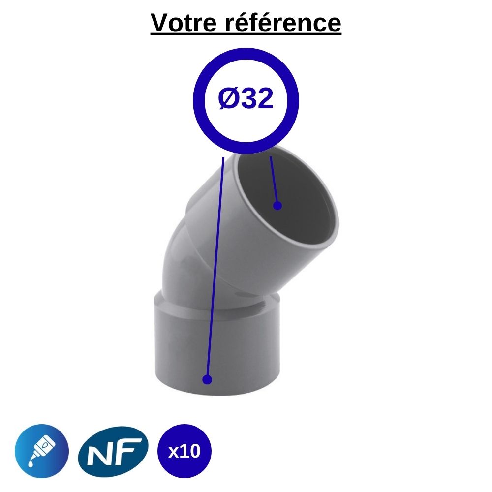 Lot de 10 coudes PVC 45° à coller, Ø32 - mâle-femelle, pour évacuation - Girpi