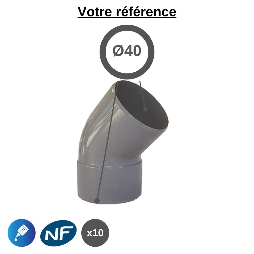 Lot de 10 coudes PVC 45° à coller, Ø40 - mâle-femelle, pour évacuation - Girpi