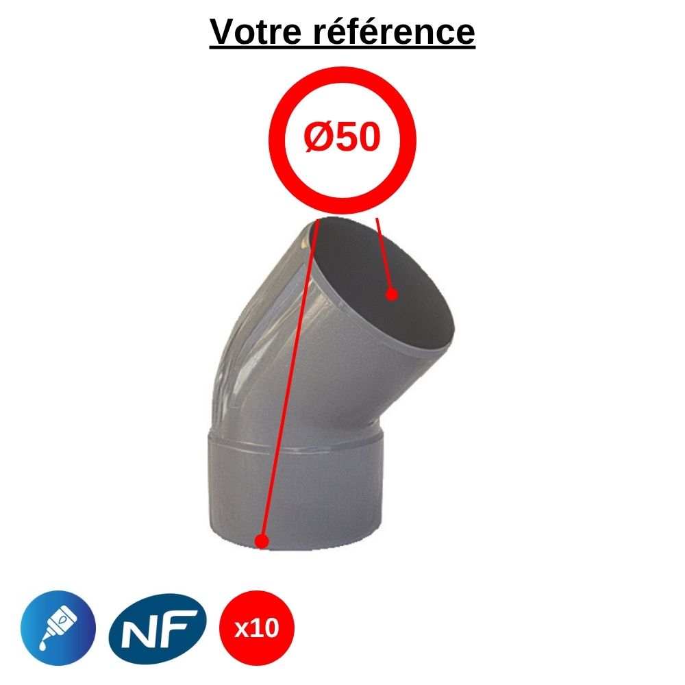 Lot de 10 coudes PVC 45° à coller, Ø50 - mâle-femelle, pour évacuation - Girpi