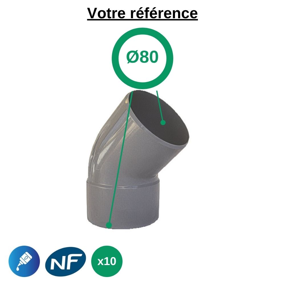 Lot de 10 coudes PVC 45° à coller, Ø80 - mâle-femelle, pour évacuation - Girpi