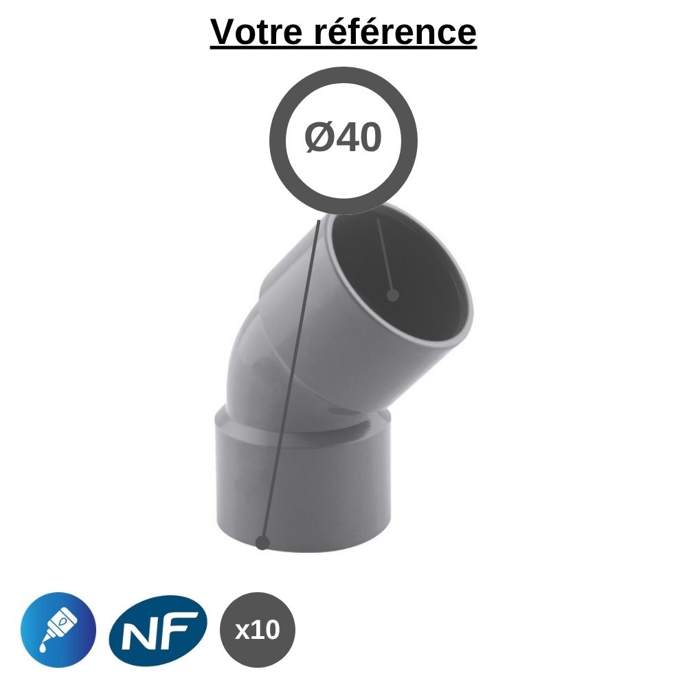 Lot de 10 coudes PVC 45° à coller, Ø40 - double femelle, pour évacuation - Girpi