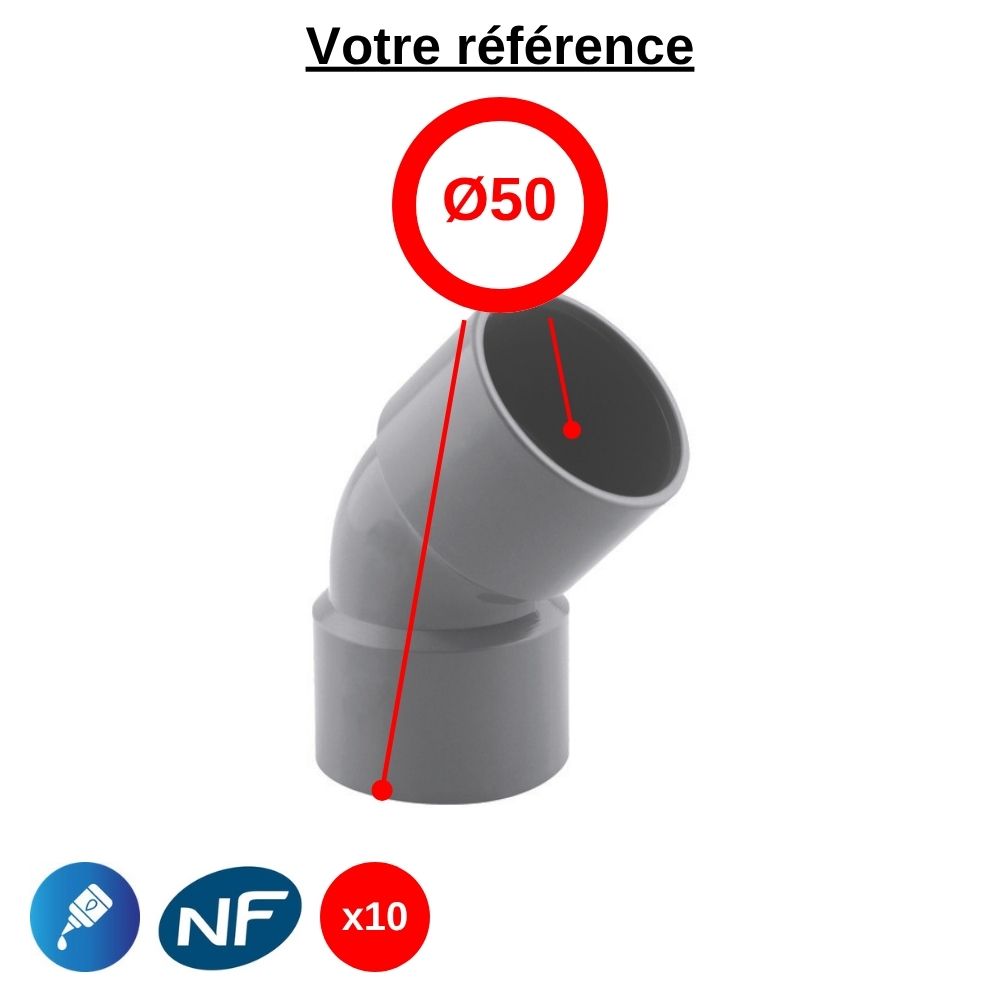 Lot de 10 coudes PVC 45° à coller, Ø50 - double femelle, pour évacuation - Girpi