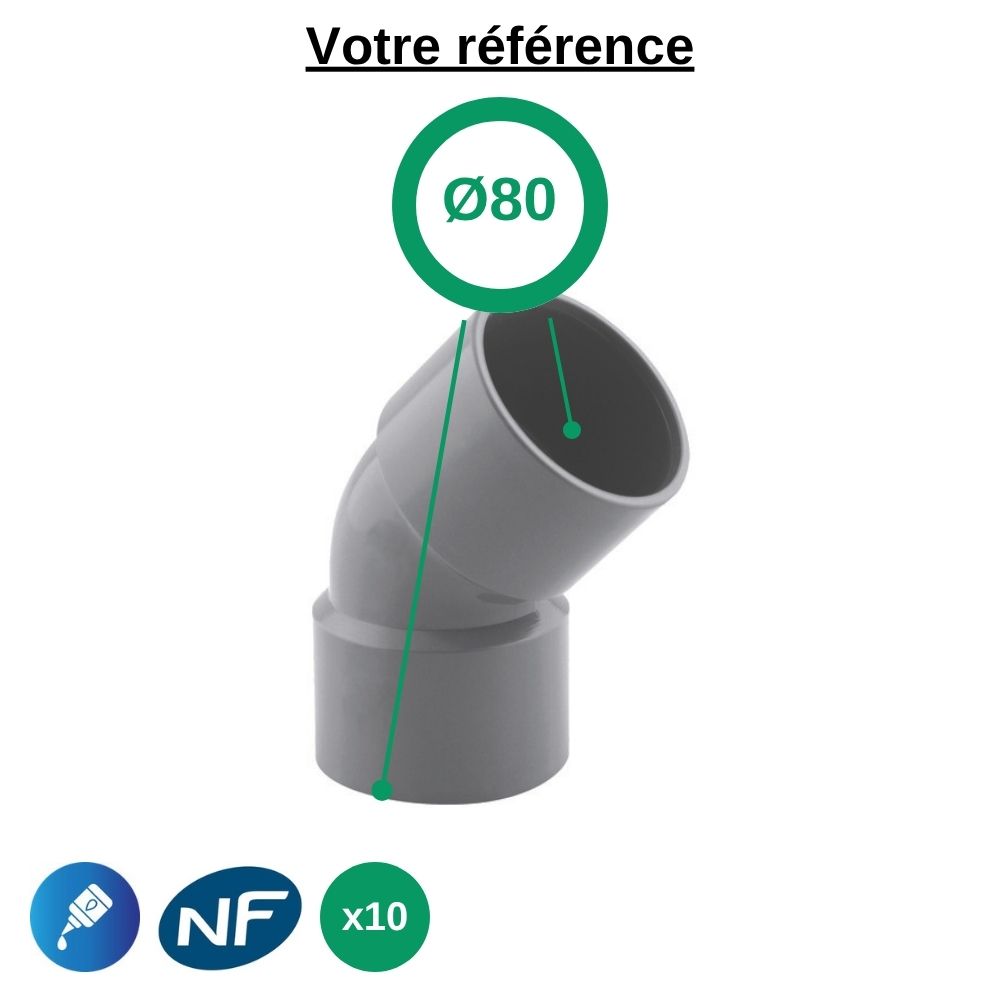 Lot de 10 coudes PVC 45° à coller, Ø80 - double femelle, pour évacuation - Girpi