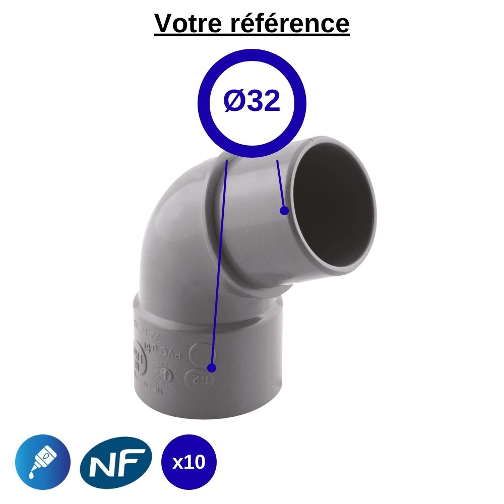 Lot de 10 coudes PVC 67°30 à coller, Ø32 - mâle-femelle, pour évacuation - Girpi