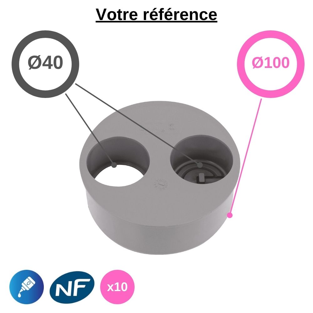 Lot de 10 tampons de réduction PVC à coller, Ø100-40-40 - 2 piquages dont 1 operculé, pour évacuation - Girpi