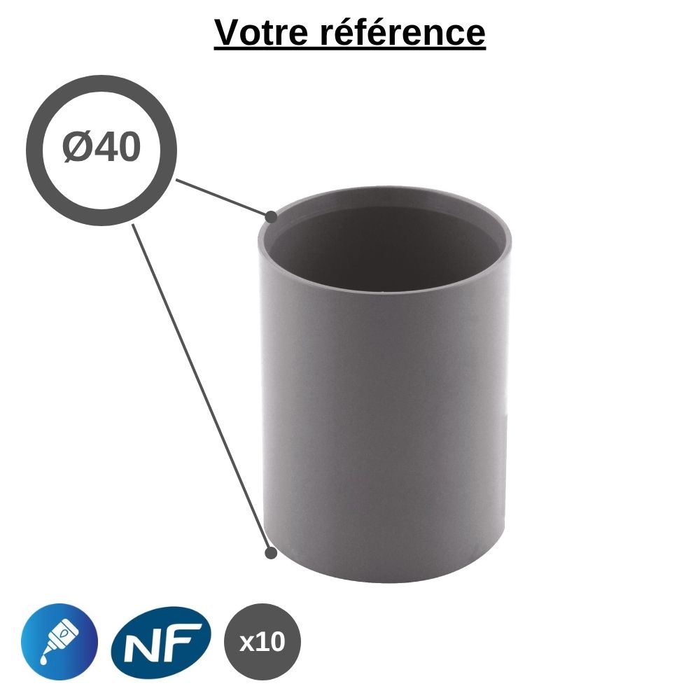 Lot de 10 manchons égaux PVC à coller, Ø40 - femelle-femelle, pour évacuation - Girpi