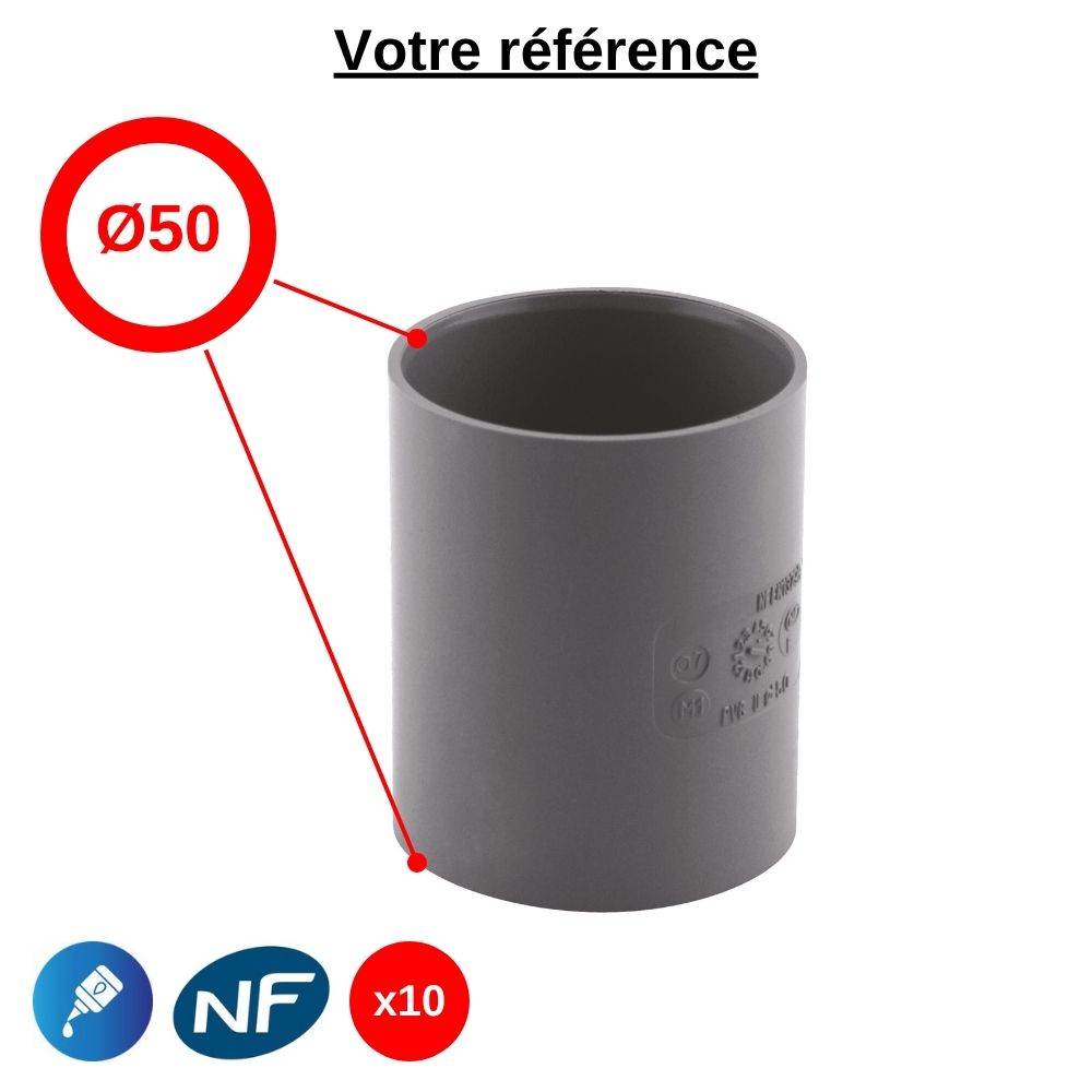 Lot de 10 manchons égaux PVC à coller, Ø50 - femelle-femelle, pour évacuation - Girpi