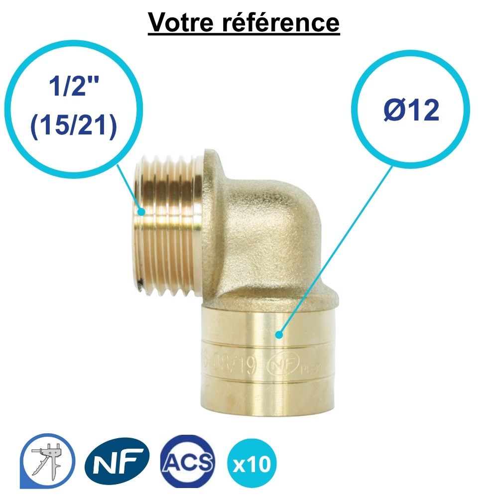 Lot de 10 coudes mâles à glissement PER Ø12 - mâle 1/2'' (15/21) - Somatherm