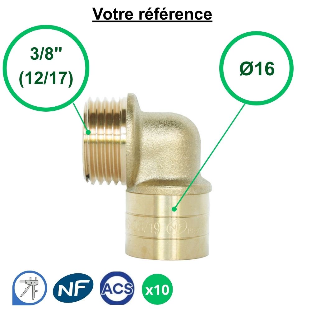 Lot de 10 coudes mâles à glissement PER Ø16 - mâle 3/8'' (12/17) - Somatherm