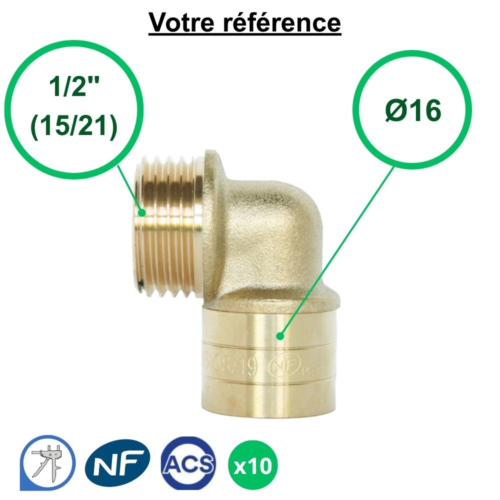 Lot de 10 coudes mâles à glissement PER Ø16 - mâle 1/2'' (15/21) - Somatherm