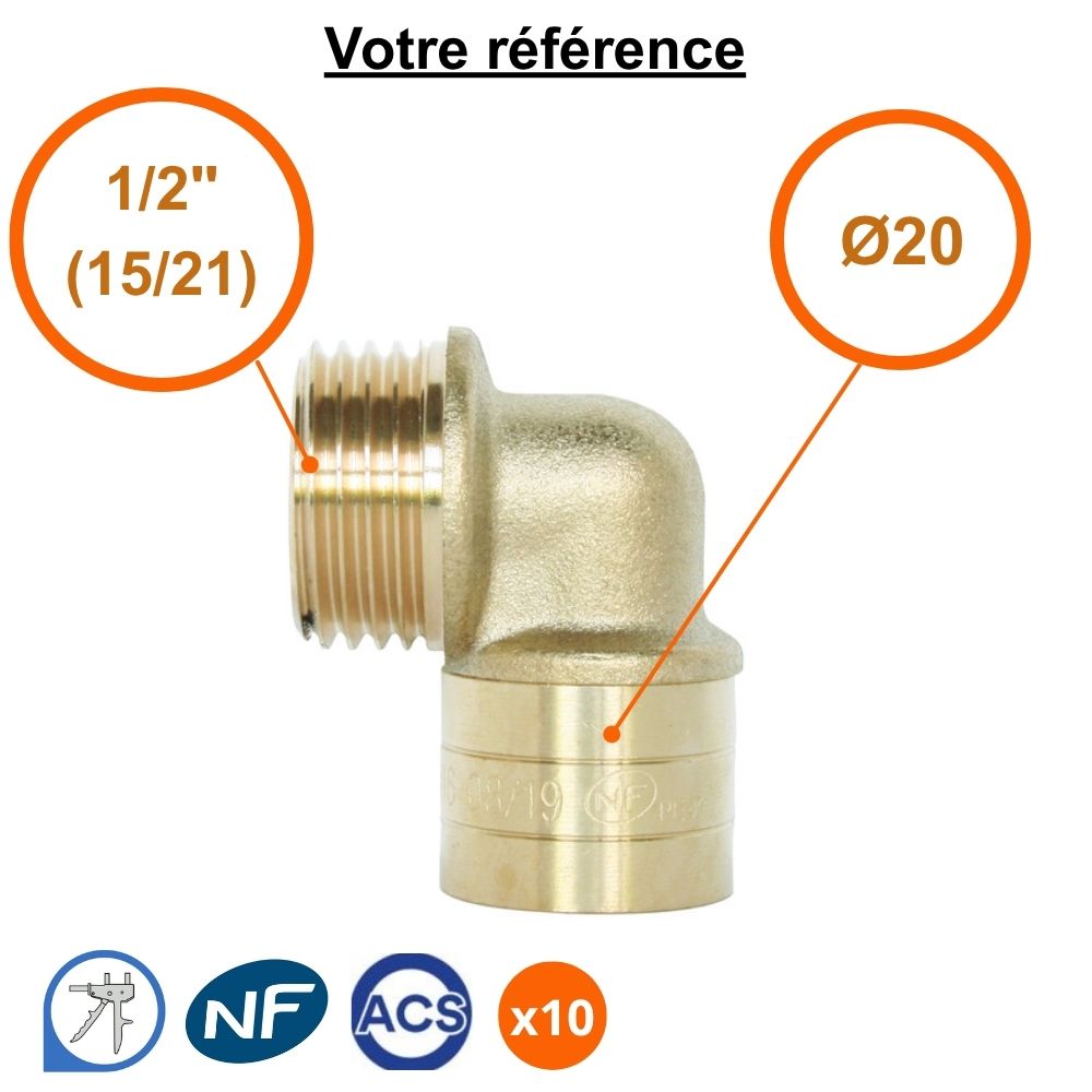 Lot de 10 coudes mâles à glissement PER Ø20 - mâle 1/2'' (15/21) - Somatherm