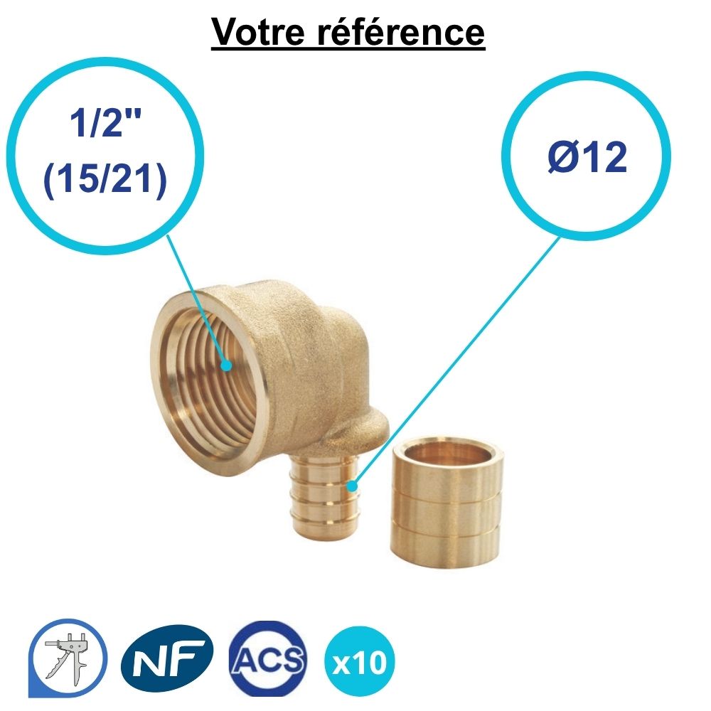 Lot de 10 coudes femelles à glissement PER Ø12 - femelle 1/2''(15/21) - Somatherm