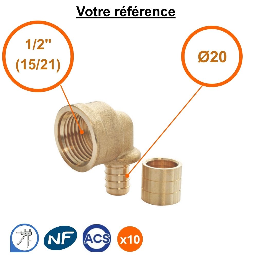 Lot de 10 coudes femelles à glissement PER Ø20 - femelle 1/2'' (15/21) - Somatherm