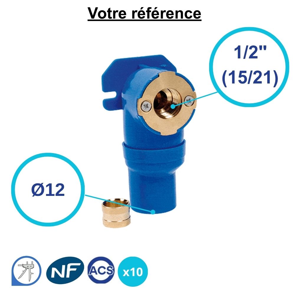Lot de 10 coudes cloisons PER à glissement Ø12 - femelle 1/2'' (15/21)