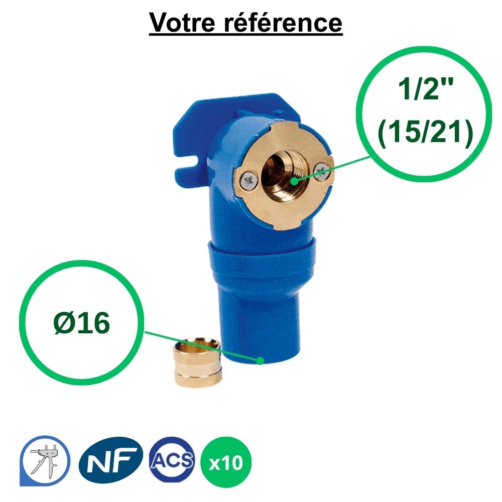 Lot de 10 coudes cloisons PER à glissement Ø16 - femelle 1/2'' (15/21)