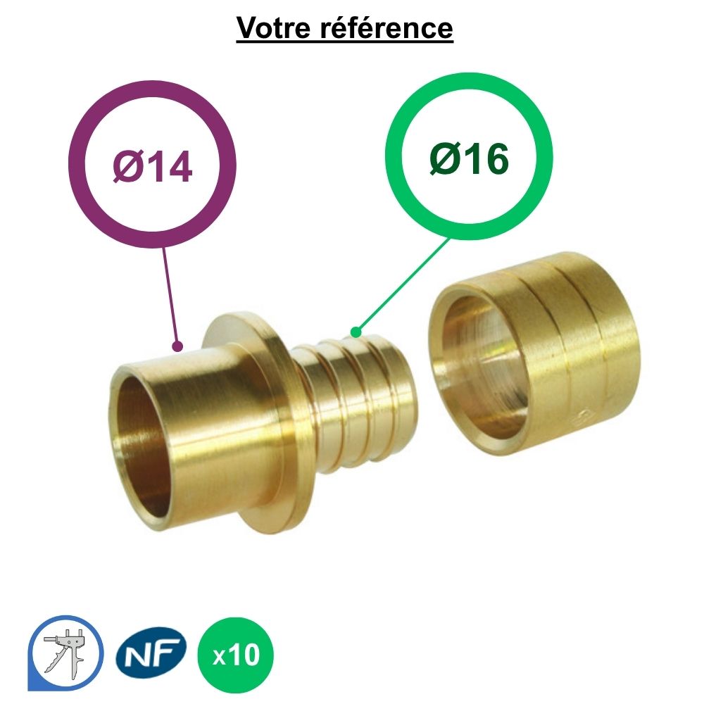 Lot de 10 raccords union PER mixte à glissement - droit réduit PER Ø16 et cuivre Ø14 - Somatherm