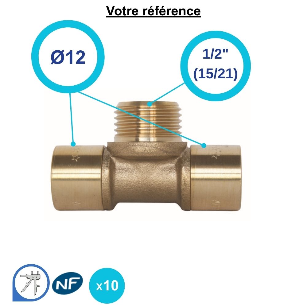 Lot de 10 tés PER à glissement Ø12  et centre mâle 1/2'' (15/21) - Somatherm