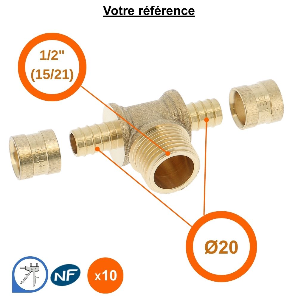Lot de 10 tés PER à glissement Ø20 et centre mâle 1/2'' (15/21) - Somatherm