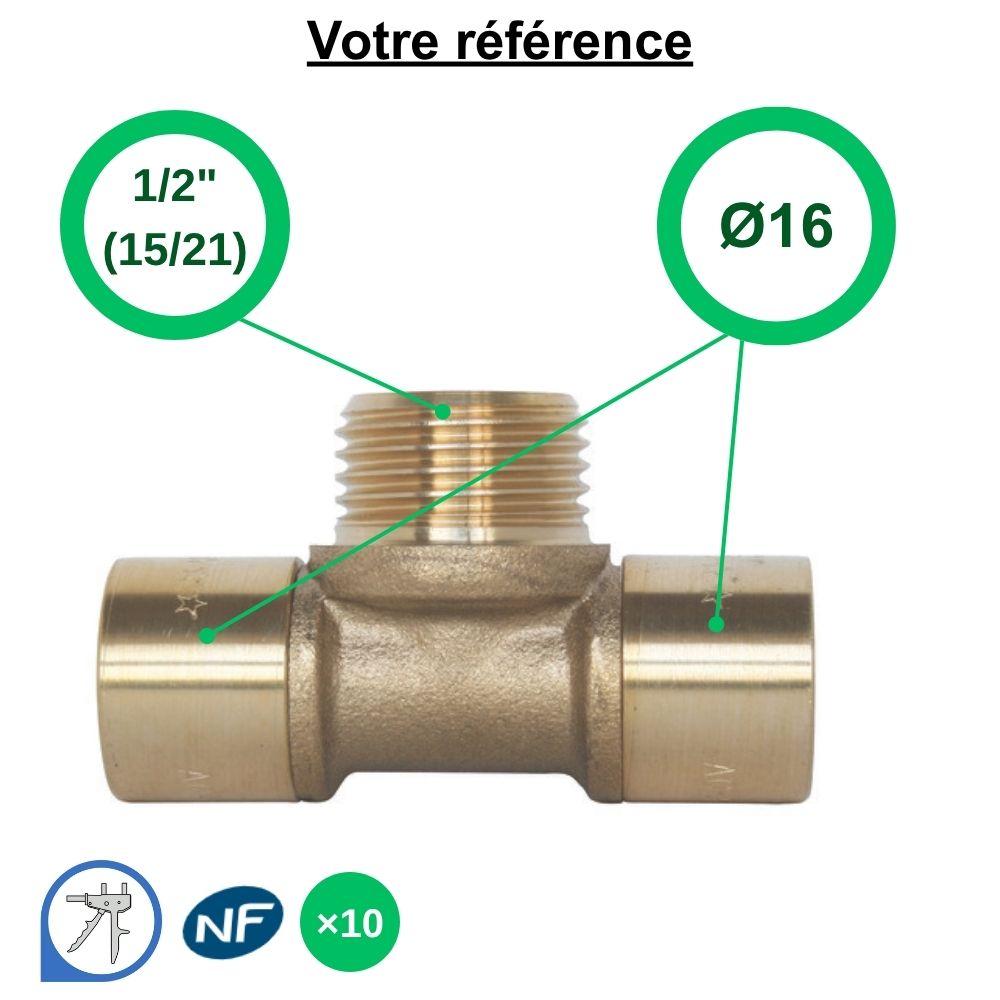 Lot de 10 tés PER à glissement Ø16 et centre mâle 1/2'' (15/21) - Somatherm