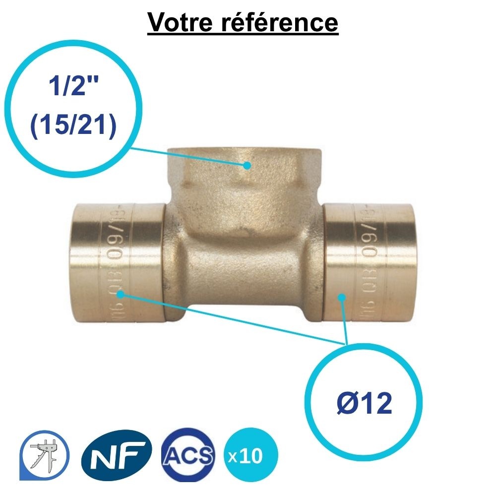 Lot de 10 tés PER à glissement Ø12  et centre femelle 1/2'' (15/21) - Somatherm