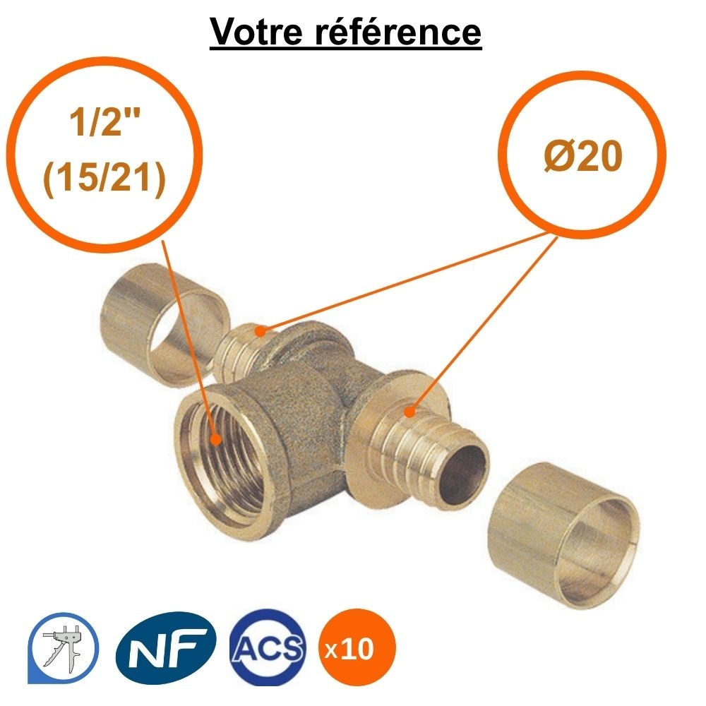 Lot de 10 tés PER à glissement Ø20  et centre femelle 1/2'' (15/21) - Somatherm