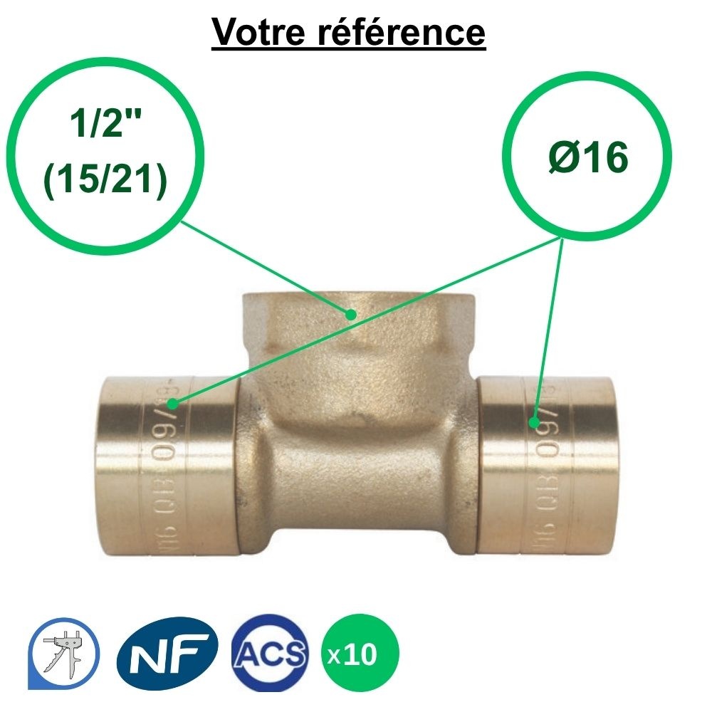 Lot de 10 tés PER à glissement Ø16  et centre femelle 1/2'' (15/21) - Somatherm