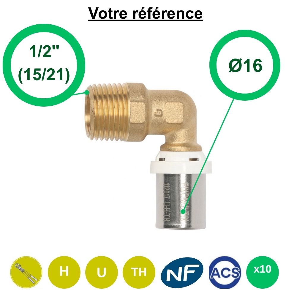 Lot de 10 coudes mâles à sertir multicouche Ø16 - mâle 1/2'' (15/21) - Somatherm