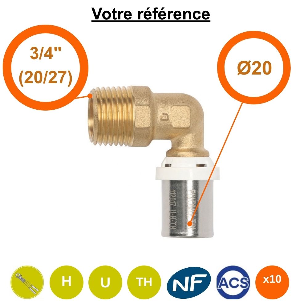 Lot de 10 coudes mâles à sertir multicouche Ø20 - mâle 3/4''(20/27) - Somatherm
