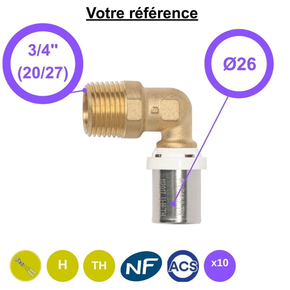 Lot de 10 coudes mâles à sertir multicouche Ø26 - mâle 3/4''(20/27) - Somatherm