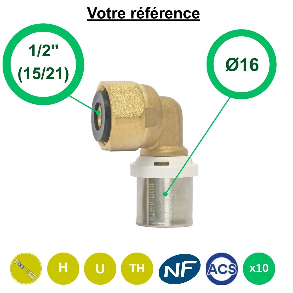 Lot de 10 coudes femelles à sertir multicouche Ø16 - écrou tournant femelle 1/2'' (15/21) - Somatherm