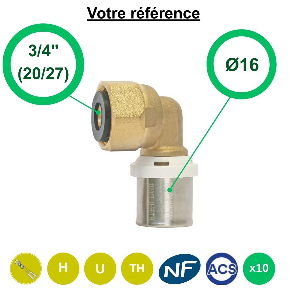 Lot de 10 coudes femelles à sertir multicouche Ø16 - écrou tournant femelle 3/4'' (20/27) - Somatherm