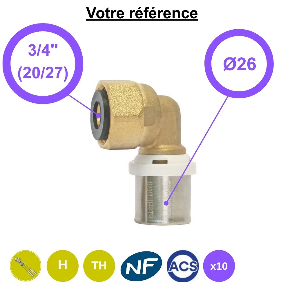 Lot de 10 coudes femelles à sertir multicouche Ø26 - écrou tournant femelle 3/4'' (20/27) - Somatherm