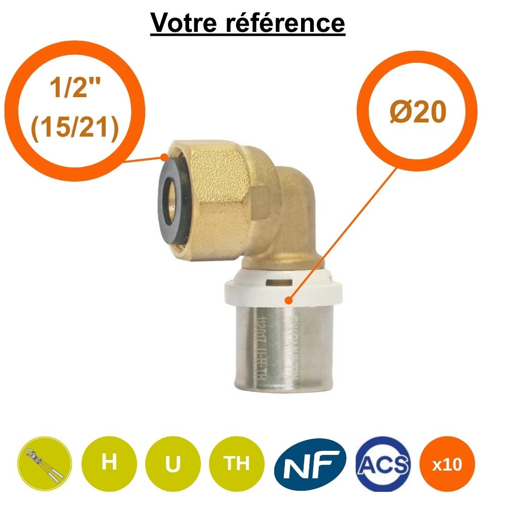Lot de 10 coudes femelles à sertir multicouche Ø20 - écrou tournant femelle 1/2'' (15/21) - Somatherm