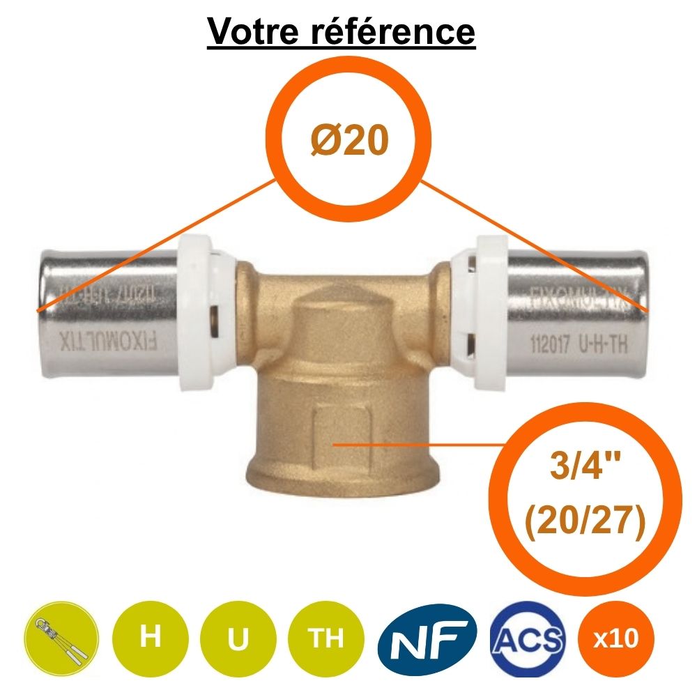 Lot de 10 tés multicouche à sertir Ø20 et centre femelle 3/4''(20/27) - Somatherm