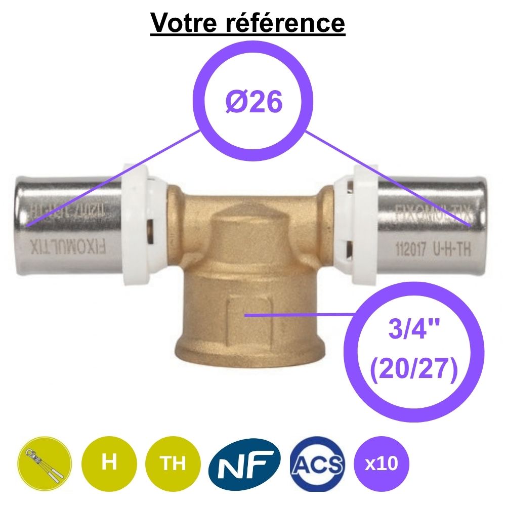 Lot de 10 tés multicouche à sertir Ø26 et centre femelle 3/4''(20/27) - Somatherm
