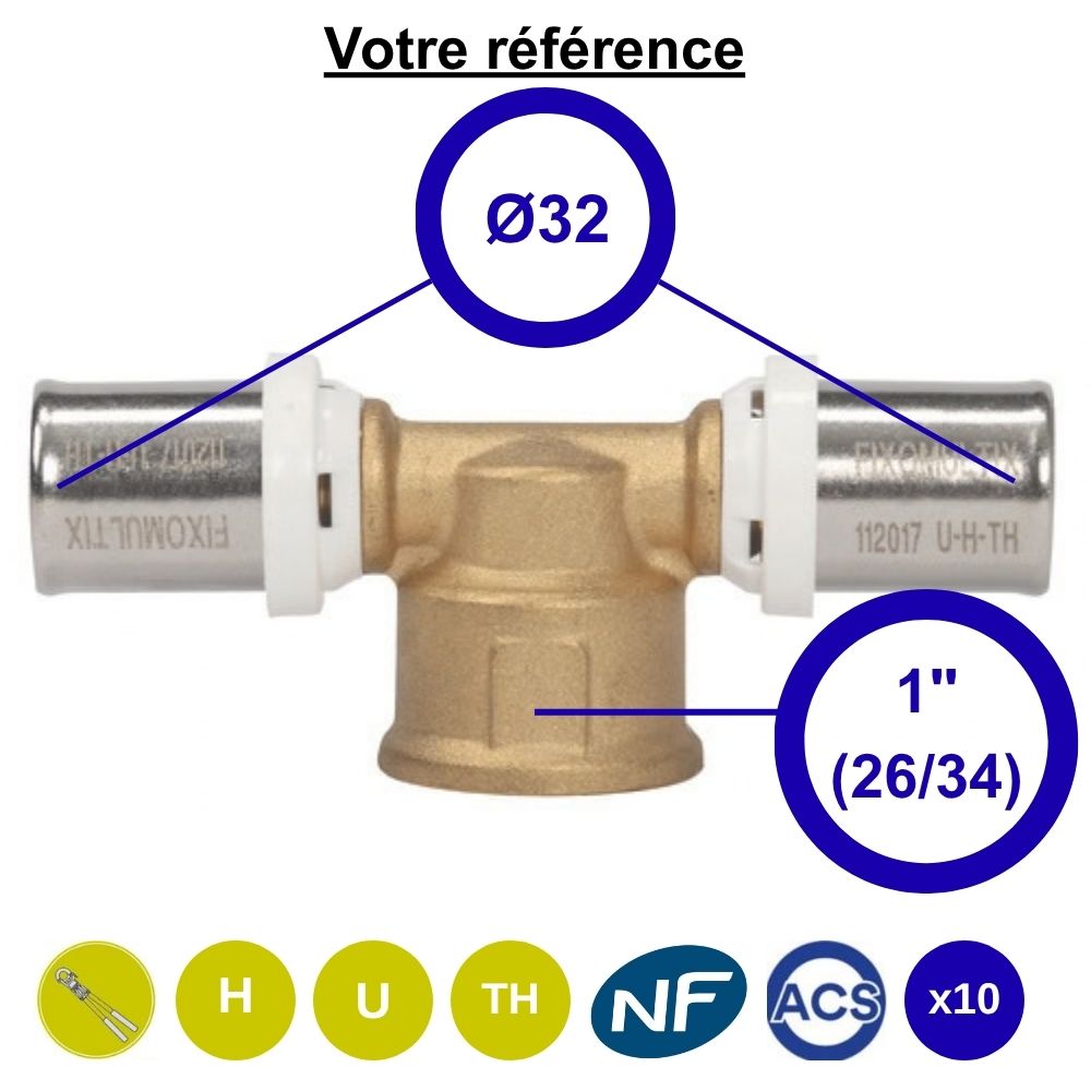 Lot de 10 tés multicouche à sertir Ø32 et centre femelle 1'' (26/34) - Somatherm