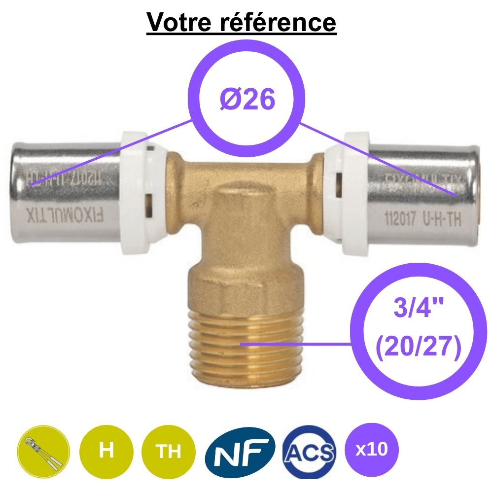 Lots de 10 tés multicouche à sertir Ø26 et centre mâle 3/4'' (20/27) - Somatherm