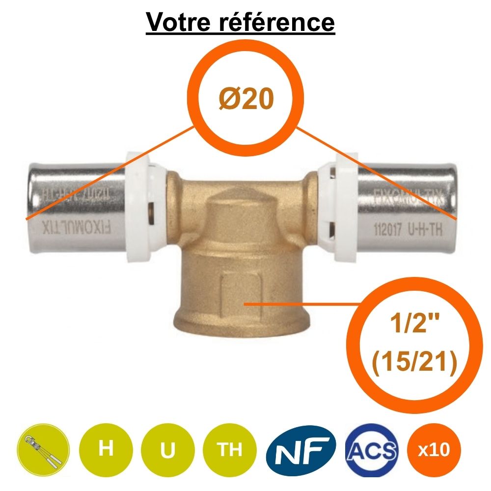 Lot de 10 tés multicouche à sertir Ø20 et centre femelle 1/2'' (15/21) - Somatherm