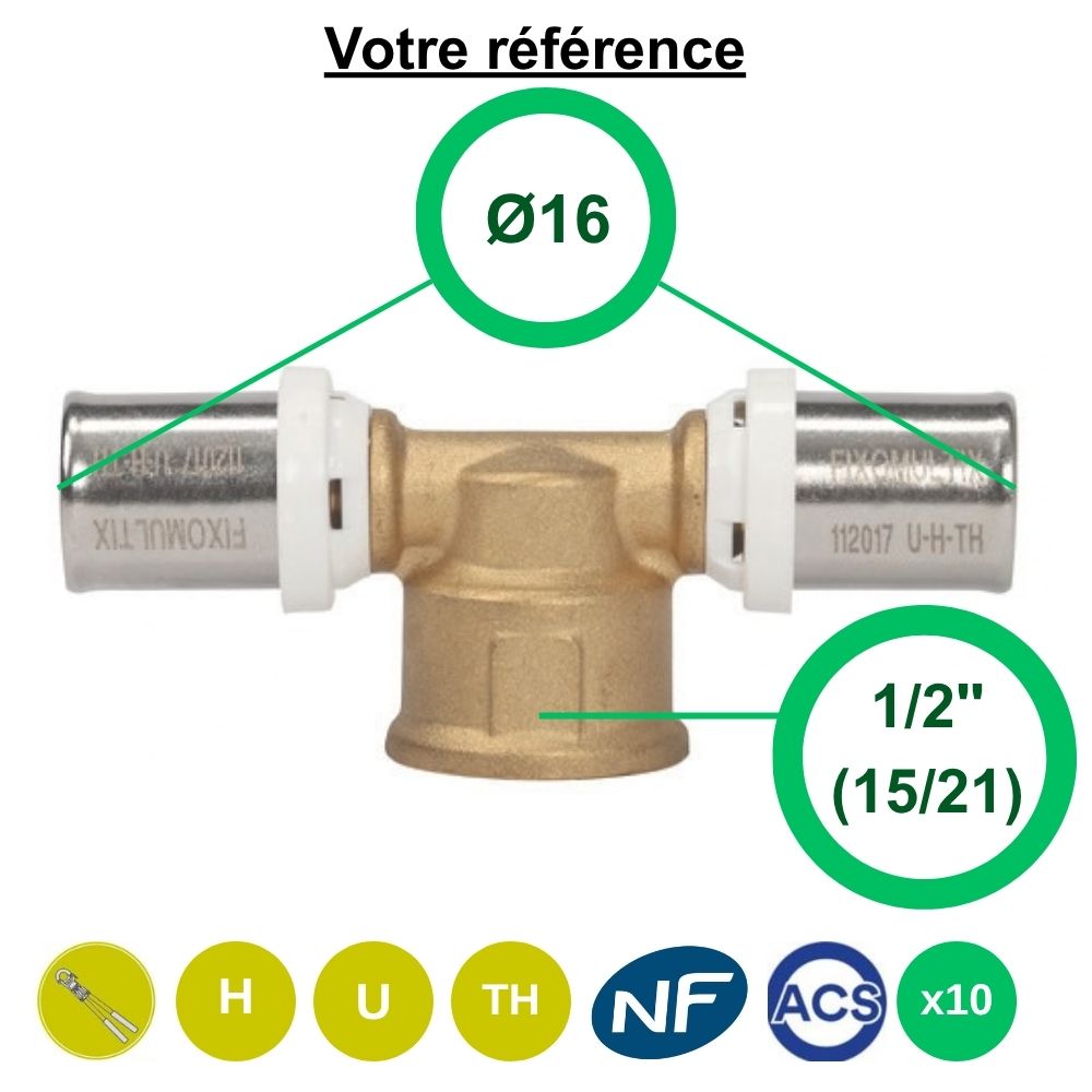 Lot de 10 tés multicouche à sertir Ø16 et centre femelle 1/2'' (15/21) - Somatherm