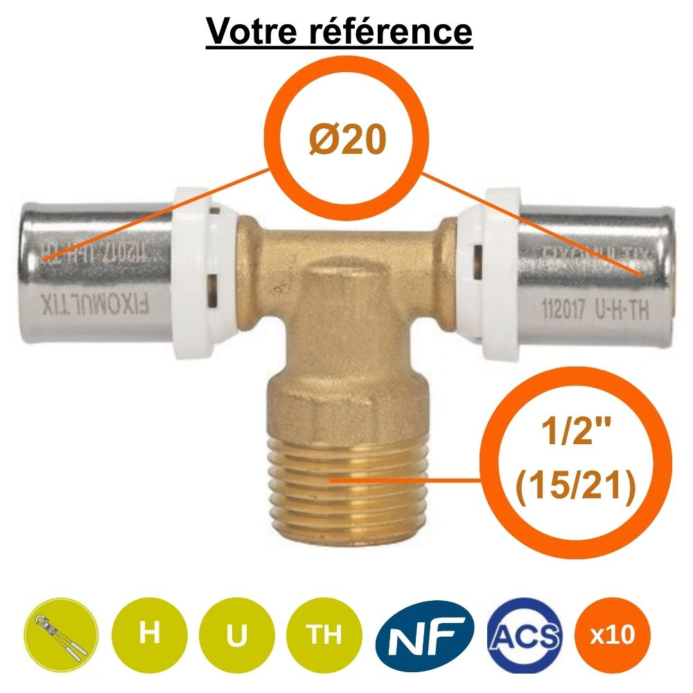 Lot de 10 tés multicouche à sertir Ø20 et centre mâle 1/2'' (15/21) - Somatherm