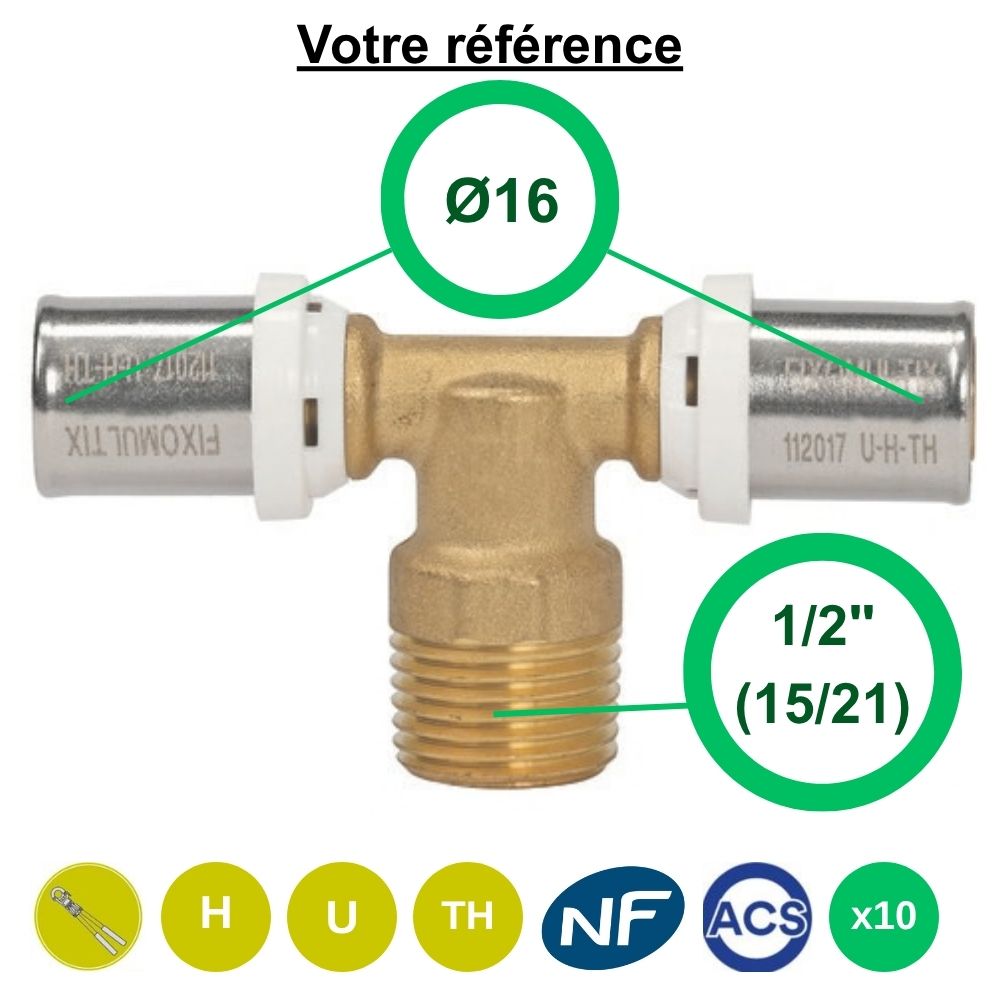 Lot de 10 tés multicouche à sertir Ø16 et centre mâle 1/2'' (15/21) - Somatherm