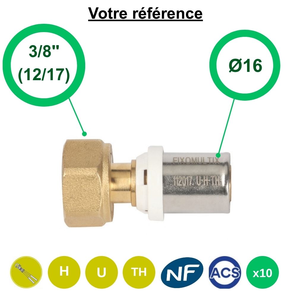 Lot de 10 raccords multicouche droits à sertir Ø16 - écrou tournant femelle 3/8'' (12/17)