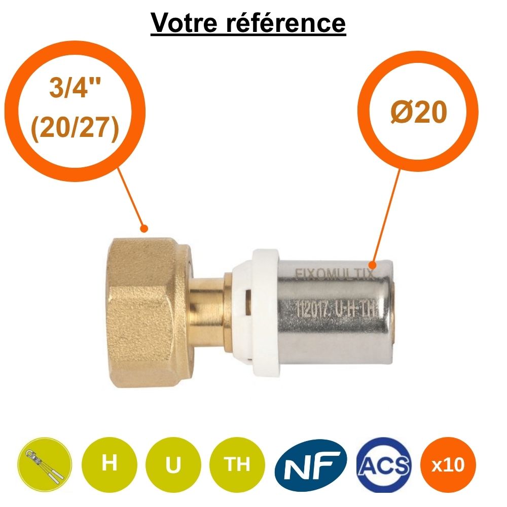 Lot de 10 raccords multicouche droits à sertir Ø20 - écrou tournant femelle 3/4'' (20/27) - Somatherm