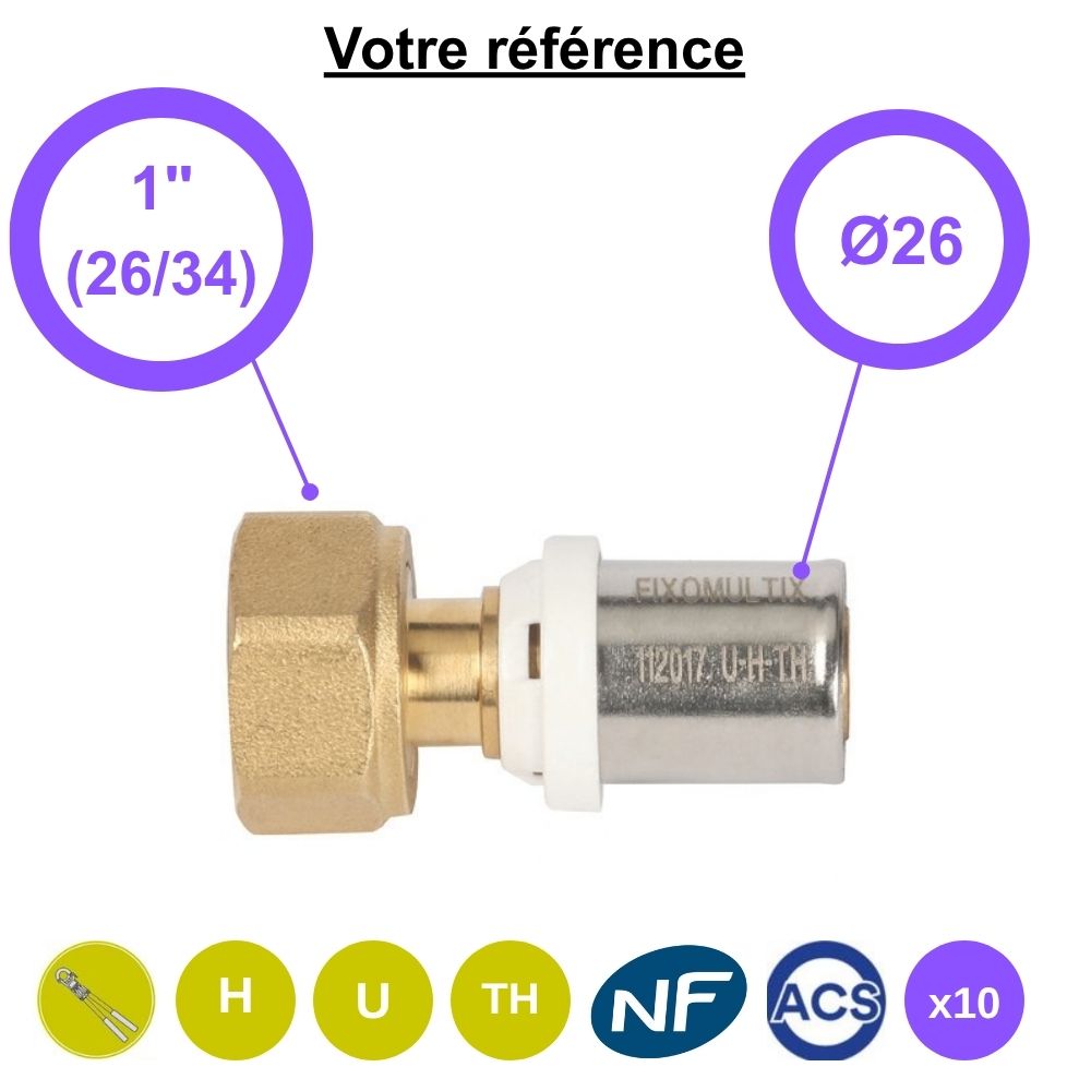 Lot de 10 raccords multicouche droits à sertir Ø26 - écrou tournant femelle 1'' (26/34)