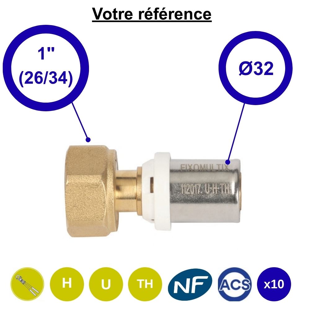 Lot de 10 raccords multicouche droits à sertir Ø32 - écrou tournant femelle 1'' (26/34)