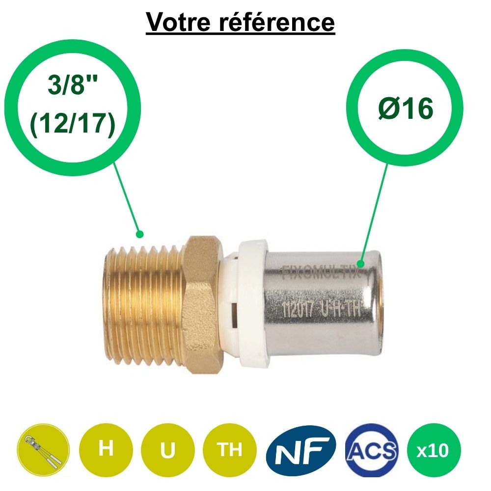 Lot de 10 raccords multicouche droits à sertir Ø16 - mâle 3/8'' (12/17) - Somatherm