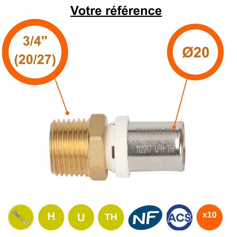 Lot de 10 raccords multicouche droits à sertir Ø20 - mâle 3/4'' (20/27)