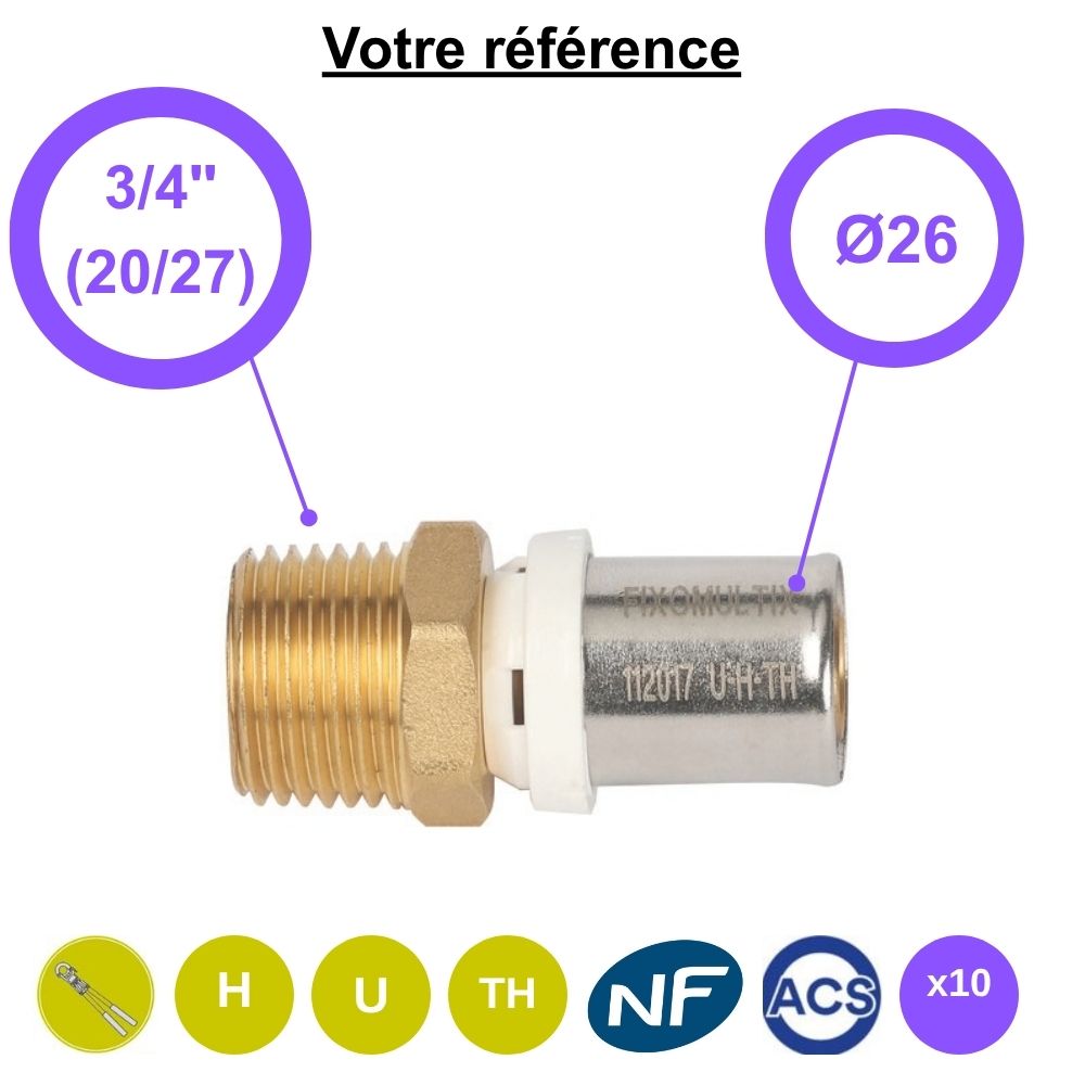 Lot de 10 raccords multicouche droits à sertir Ø26 - mâle 3/4'' (20/27) - Somatherm